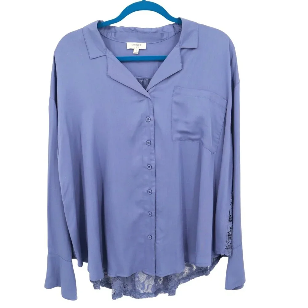 Umgee Lace Shirt Womens S Blue‎ Twee Feminine Boho Grannycore Slouchy Romantic